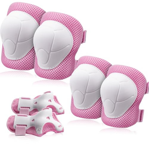 Knieschoner Kinder Schoner Inliner Protektoren: [6er Set] Schützer Inline Skates Knieschützer Skateboard SchutzausrüStung Knie und Ellenbogenschützer für Kinder (Rosa und Weiß, Small(3-8 Jahre))