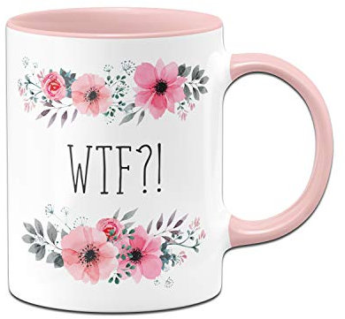 Tassenbrennerei Tasse mit Spruch WTF?! - What The Fuck - Kaffeetasse lustig - beidseitig Bedruckt - Spülmaschinenfest (Rosa)