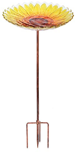 Vogeltränke aus Glas, 66 cm hoch, mit Metallpfahl für Garten, Rasen, Hof, Sonnenblume