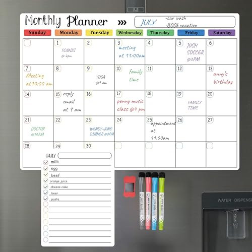 Hivillexun Trockenlösch-Magnetisches Whiteboard für Kühlschrank – Monatlicher Kühlschrank-Kalender mit Kühlschrank-Whiteboard, einschließlich 4 Markern, 1 Radierer, monatlich und täglich