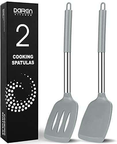 Silicone Spatula, 2 Pack Heat Resistant Slotted & Solid Spatula Set Kitchen Turner BPA Free, Non Stick Flexible Large Grey Silicone Spatulas for Cooking Flipping Pressing Fish Eggs Pancakes