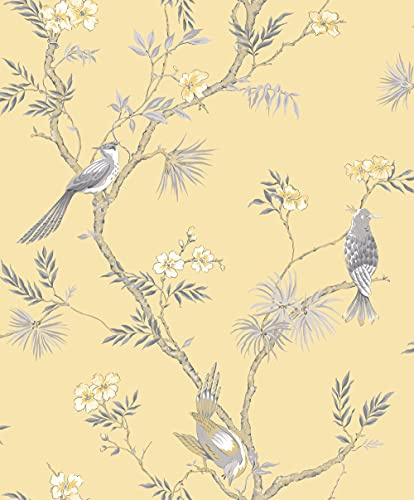 Galerie G78494 Secret Garden Classic Bird Trail Wallpaper, Yellow/Grey, 10m x 53cm