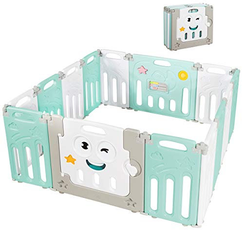 COSTWAY Baby Laufgitter mit Tür und Spielzeugboard, Laufstall aus Kunststoff, Absperrgitter, Krabbelgitter, Schutzgitter für Kinder im Alter von 3 Monaten bis 6 Jahren (Grün, 14 Paneele)