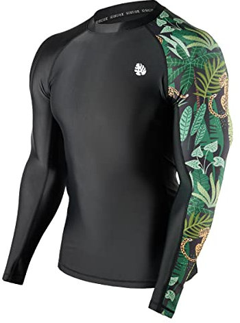 HUGE SPORTS Mens Rash Vest- UPF 50+ Rash Guard Long Sleeve Quick Drying Wetsuit Swimming Top for Surfing BJJ Jiu Jitsu(Black Leopard,L)