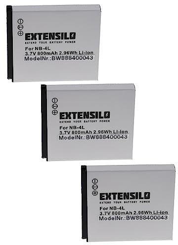 EXTENSILO 3X Akku kompatibel mit Canon Digital Ixus 70, 30, 75, 60, 65, 255 HS, 40, 50, i7, 80 is, 55, 82 Kamera (800 mAh, 3,7 V, Li-Ion)