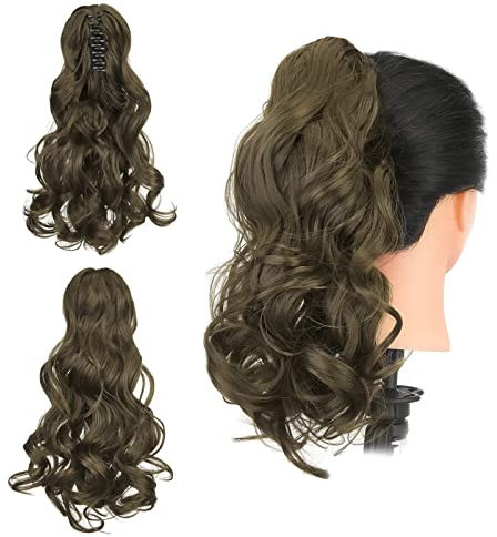 Gairyan Ponytail Extensions 45cm Claw on Pferdeschwanz Haarteil Klammer Clip in Extensions Zopf Lockige Gewellt Lang Haarteil Zopf Synthetik Haar Kunsthaar Haarverlängerung für Frauen (Aschblond)