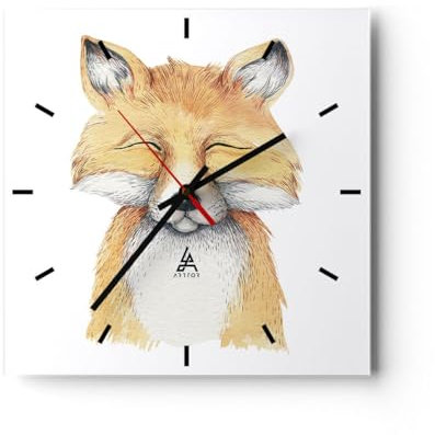 Modern Wanduhr Cartoon Fuchs Kind 40x40cm Quadrat Groß Wand Uhr Glas Analog Zimmeruhren Küche Büro Wohnzimmer Glasuhr Wall Clock Dekoration Design Wanddekoration Küchenuhr C3AC40x40-4878