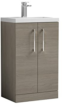 nuie PAL122E Arno Compact Modern Bathroom Floor Standing Slimline 2 Door Vanity Unit and Ceramic Basin, Solace Oak
