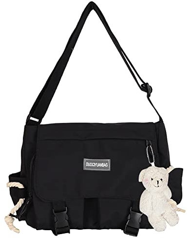 DKIIL NOIYB Kawaii Umhängetasche mit Kawaii-Bär-Anhänger für Mädchen, lässige Kawaii-Kuriertasche, Segeltuch, Hobo-Tasche, mehrere Taschen, Kawaii-Tasche für Damen, A02-schwarz, 33W