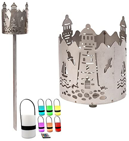 Gartenfackel RGB LED Leuchte Motiv Leuchtturm - Rost Lampe Gartenlampe RGB LED Leuchte für draußen Gartenleuchte Fackel Garten