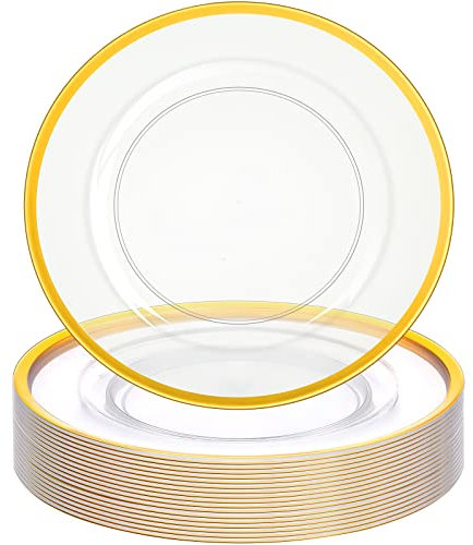 24 Pcs Charger Plates Bulk 13 Inch Plastic Round Dinner Plate Gold Rim Serving Plates Clear Plastic Plates for Party Banquet Wedding Family Kitchen Table Decor Supplies