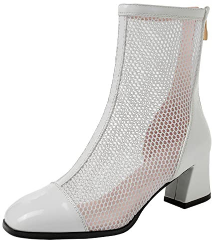 Vrupons Stivali da donna estivi al ginocchio, con tacchi a blocco e cerniere posteriori con materiale a rete, bianco, 46 EU