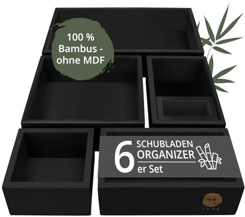 TAKE® 6-teiliges Schubladen Organizer aus 100% Natur Bambus (Schwarz) - Schubladen Organizer Boxen in vers. Größen für Küche, Bad & Büro, Drawer Organizer Schublade, Schminktisch Organizer Bad