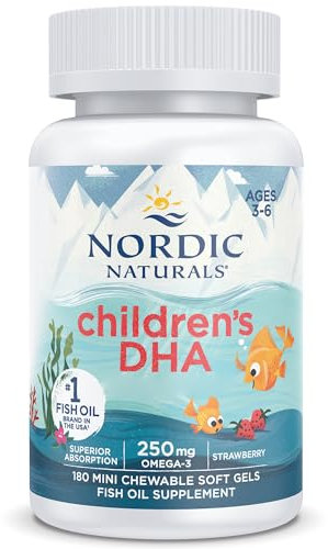 Nordic Naturals, Children's DHA, 250mg d'Oméga-3 d'Huile de Foie de Morue, Arôme Fraise, avec EPA et DHA, 180 Capsules molles, Sans Soja, Sans Gluten, Sans OGM