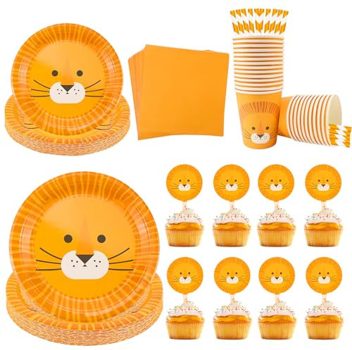 TUZHE 150 platos de papel de león para 25 invitados, decoración de cumpleaños de safari, incluye platos de papel en dos tamaños, vasos de papel, servilletas, pajitas, cupcakes