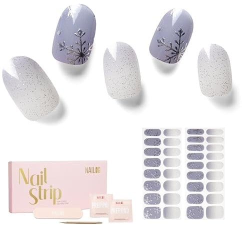 NAILOG Semi Cured Gel Nail Strips, 34 salon-quality gel nail stickers with soft gel finish, vintage print & silver glitter (Snow Rain)