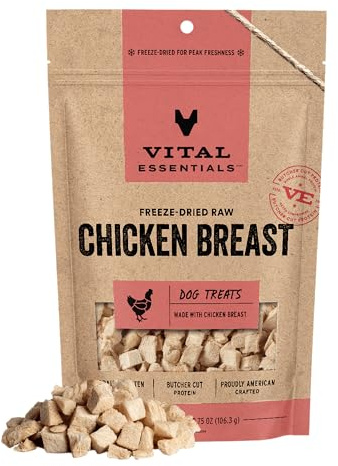 Vital Essentials Freeze Dried Dog Treats | Chicken Breast, Single Ingredient | Premium Quality | Grain Free Training Treats for Dogs, 3.75 oz Bag