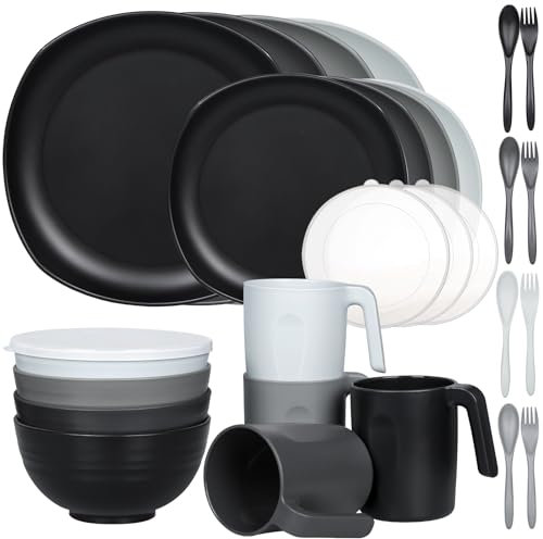 Greentainer Set di stoviglie in plastica infrangibile, 28 pezzi, set da tavola leggero da campeggio, adatto per microonde e lavastoviglie, set di piatti, ciotole, tazze, servizio per 4, ideale per