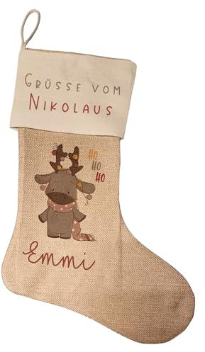 Nikolausstrumpf zum befüllen Weihnachsstrumpf mit Name personalisiert Kinder Erwachsene Aufhängen für Weihnachtsdeko (Elch Grüße vom Nikolaus)