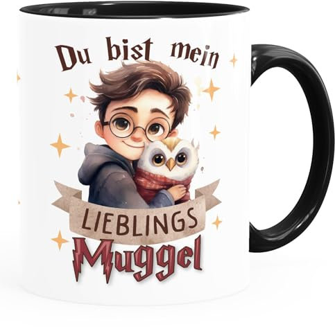 Moonworks® Kaffee-Tasse mit Spruch Du bist mein Lieblingsmuggel Eule Motiv Geschenk Freundschaft Liebe weiß-innen-schwarz standard