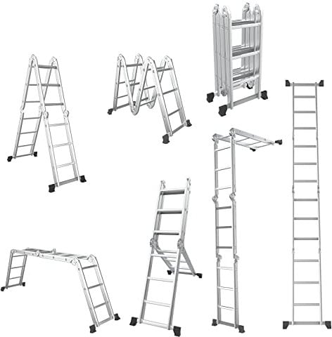 TANGZON 3.7m/12.1Ft Folding Step Ladder, 7-in-1 Aluminum Step Stool with Reinforced Stabilizer Bar & Non-slip Foot Pads, 150KG Portable Tread Stepladder for Household Office Garage Shop