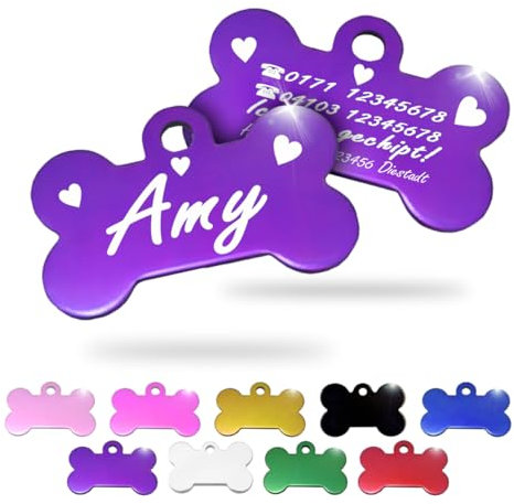 Ibera gifts - Hundemarke mit Gravur und personalisierte Hundemarke in Knochenform für mittelgroße bis große Hunde und Katzen (Lila, Herzen)