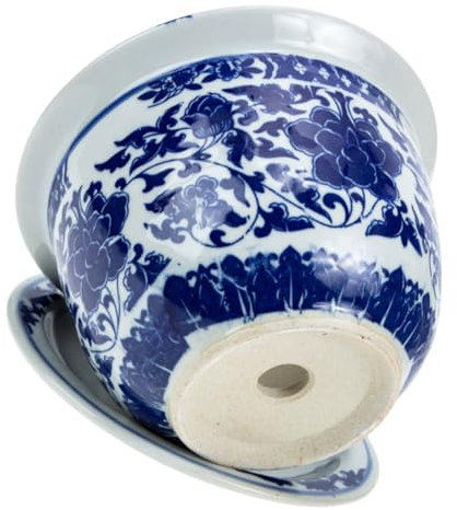 VANZACK Keramik Blumentopf Blau Weiß mit Untersetzer, Luftiger Drainage