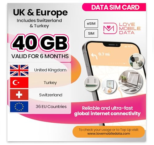 Love Mobile Data Only Sim Card - International Multi-Network 4G/5G Prepaid Data Sim for Mobile Phones, WiFi Routers, & More, UK (O2, Three & Vodafone), Europe, Switzerland & Turkey - 40GB for 6 Months