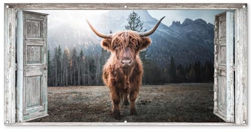 MuchoWow© Gartenposter Groß 160x80 cm XXL Outdoor Bilder Gartendeko für draußen Wetterfest Garten Deko Modern Geschenke Banner Draußen Bild Schottische Hochlandrind - Kuh - Landschaft - Fensterblick