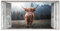 MuchoWow© Gartenposter Groß 160x80 cm XXL Outdoor Bilder Gartendeko für draußen Wetterfest Garten Deko Modern Geschenke Banner Draußen Bild Schottische Hochlandrind - Kuh - Landschaft - Fensterblick