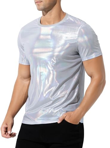 Casey Kevin Herren Metallic Glänzend Shirt Solides Goldenes Silber Hemd Glitzer Nachtclub T-Shirts 70er 80er Disco Bronzing Party Kostüm