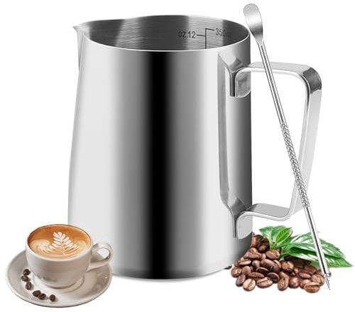 Salubohum Milchkännchen, 350ml Handheld Edelstahl Milchschaumkännchen mit Skala, Inklusive Latte-Art-Nadel, Geeignet für Baristas zur Zubereitung von Cappuccino, Latte und Espresso (Silber)