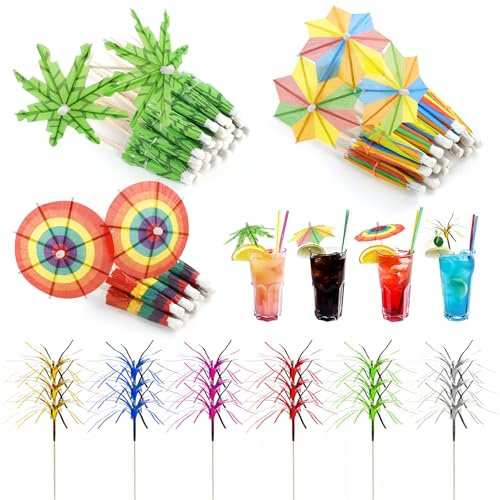 150 PCS Cocktail Umbrellas for Drinks, KUAOOAUK Colorful Mini Paper Umbrella Toothpicks with Firework Drink Stirrers, Coconut Palm Cocktail Picks for Pool Party, Hawaiian Party, Bar