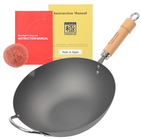 鐵兎堂 KIWAME Premium-Wok, 30 cm, schwarzer Holzgriff, keine Antihaftbeschichtung, 3,2 Quarts, kompatibel mit Elektroherden