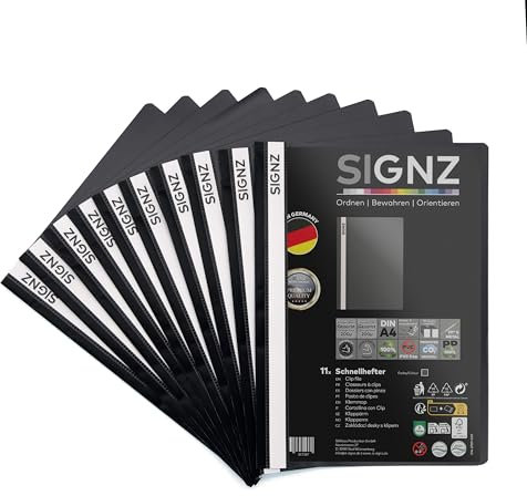 SIGNZ Schnellhefter DIN A4, stabil, 11 Stück, schwarz, transparenter Deckel, CO2-neutral hergestellt, aus recycelbarem Kunststoff (PP), FSC Mix 70%, made in Germany