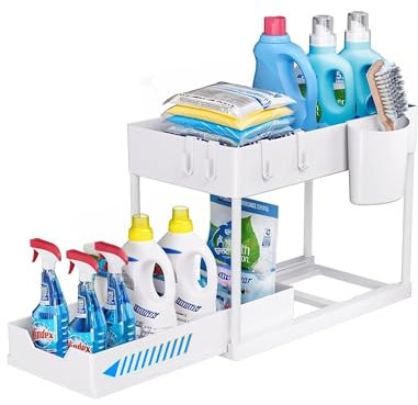 Zuvo Under Sink Storage Solution Heavy-Duty Organizer to Maximize Kitchen Space – Durable and Versatile for Home & Office (White)