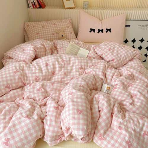 Nyescasa Housse de Couette 140x200 Rose à Carreaux Vichy et Noeud Papillon | Parure de lit Adulte 1 Personne en Microfibre, Moderne, Parure Housse Couette, Fermeture Éclair, 1 Taie d'oreiller 65x65 cm