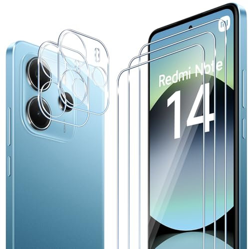 ELYCO Cristal Templado para Xiaomi Redmi Note 14 4G, 3 Piezas Protector de Pantalla + 2 Piezas Protector de Lente Cámara, 9H Dureza Anti-Rasguños Protector Pantalla, Sin Burbujas HD Vidrio Templado