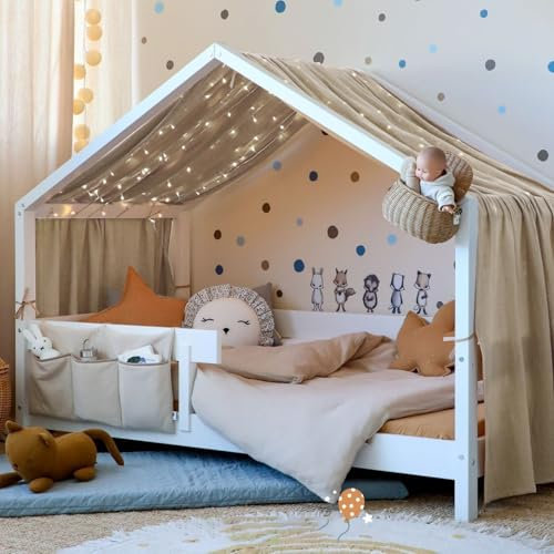 Vicloon Hausbett Himmel, Betthimmel Hausbett aus 100% Baumwolle Musselin Handmade, Stoffhimmel für Kinderbett Kinderzimmer, Betthimmel für Hausbett Deko Mädchen & Jungen, 135 x 360 cm, Beigegrau