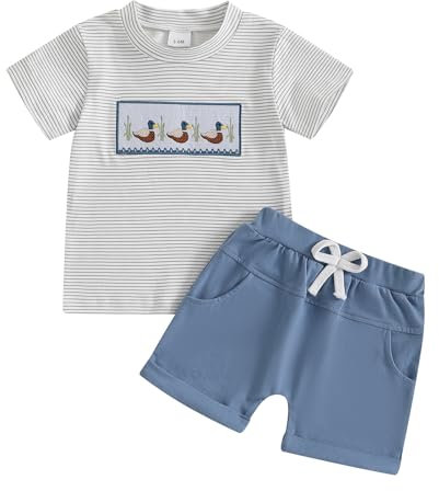 Zukmuk 2pcs Bambini Completi Estivi Neonato Manica Corta Anatra Ricamo T-Shirt e Pantaloncini Set di Vestiti Bambino Completi Abbigliamento Bambini (Bianco, 18-24 Months)
