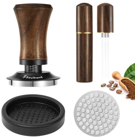 54mm Espresso Tamper Set 4-Piece, Walnut Spring Loaded Coffee Tamper with Stainless Steel Base, WDT Tool, Puck Screen and Silicone Mat, Fits for All 53mm to 54mm Portafilters, Gifts for Barista Coffee
