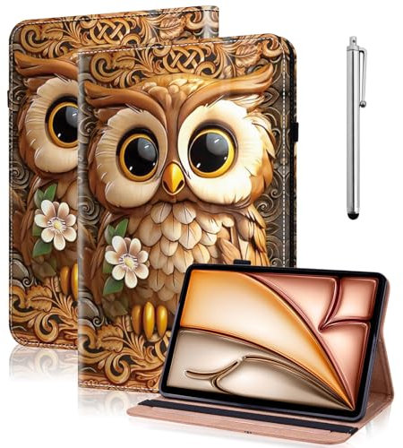 GLANDOTU Hülle für iPad Air 11 Zoll 2025 M3/M2, iPad Air 7/6/5/4 Hülle (2024/2022/2020) Unterstützt Pencil Pro/USB-C, Flip Leder Schutzhülle, mit Auto Schlafen/Wachen - Braun Eulen