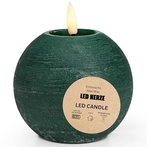 matches21 HOME & HOBBY LED Kerze Kugel aus Echtwachs mit Timerfunktion - Kerze realistisch flackernde Flamme warmweiß Ø 10 x 9 cm - Elektrische Wachskerze in Grün als gemütliche Tischdeko