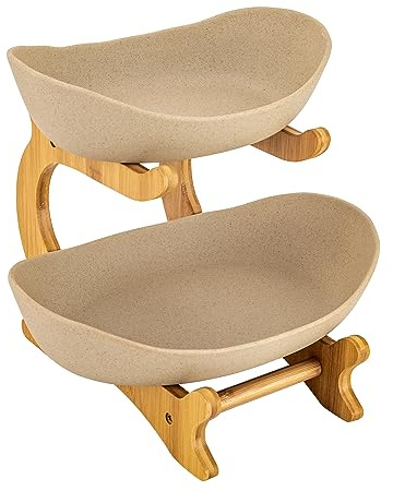 Repomanda 2-Tier Ceramic Fruit Bowl with Bamboo Stand – Large Kitchen Countertop Organizer for Fruits, Vegetables, Snacks & Bread – Yuanbao-Shaped, Anti-Slip (Khaki/ Green) (Khaki)