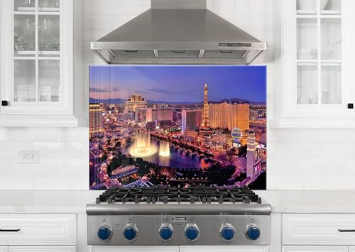 Myphotostation Viva Nights Las Vegas Skyline Glasrückwand aus gehärtetem Glas für Küche, Herd, Wandschutz, Herd-Wandplatte, Herd-Rückabdeckung, 127 x 84 cm (B x H)