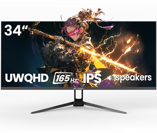 CRUA - Monitor para juegos de 34 pulgadas, 165 Hz/144 Hz, UWQHD 3440 x 1440 P, visualización ultrarrápida IPS con altavoces integrados, compatible con FreeSync, 120 % sRGB, PIP/PBP, HDMI2.0 y DP1.4