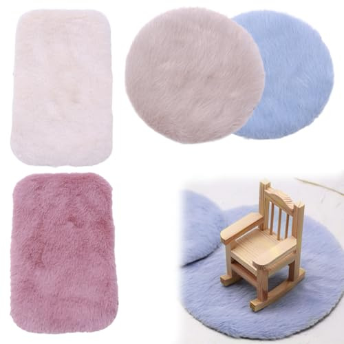 PYEUIFT 4 Stück Mini Teppich, Puppenhaus Teppich, Puppenhaus Nodenbelag, Runde 12cm Beige, Ovale Rosa & Khaki, Runde 18cm Blau, Für Puppenhaus Wohnzimmer, Schlafzimmer, Mädchenzimmer