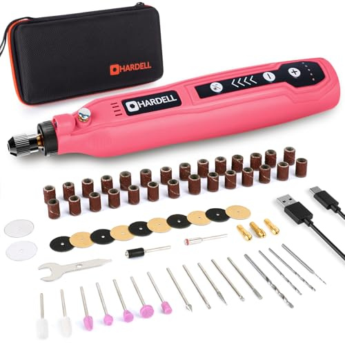 HARDELL Mini Amoladora Batería Inalámbrica USB Rosa, Herramienta Rotativa Multifunción 3.7V con 69 Accesorios, 5 Velocidades para Manualidades, Modelismo, Pulir, Taladrar y Cortar