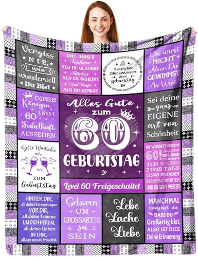 ARRITS Kuscheldecke Geschenke zum 60. Geburtstag Frau 150 x 200 cm | Personalisierte 60 Geburtstag Decke Geschenk für Frauen Schwester Mama Tochter Ehefrau, Happy 60th Birthday Deko Flanelldecke