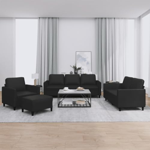 WDGJJFECNMUEHI 4-TLG. Sofagarnitur Set mit Kissen, Schwarz Kunstleder Wohnzimmer Couchgarnitur, Modernes 3+2+1 Sitzgruppe inkl. Hocker, Bequem & Langlebig für Wohnbereich